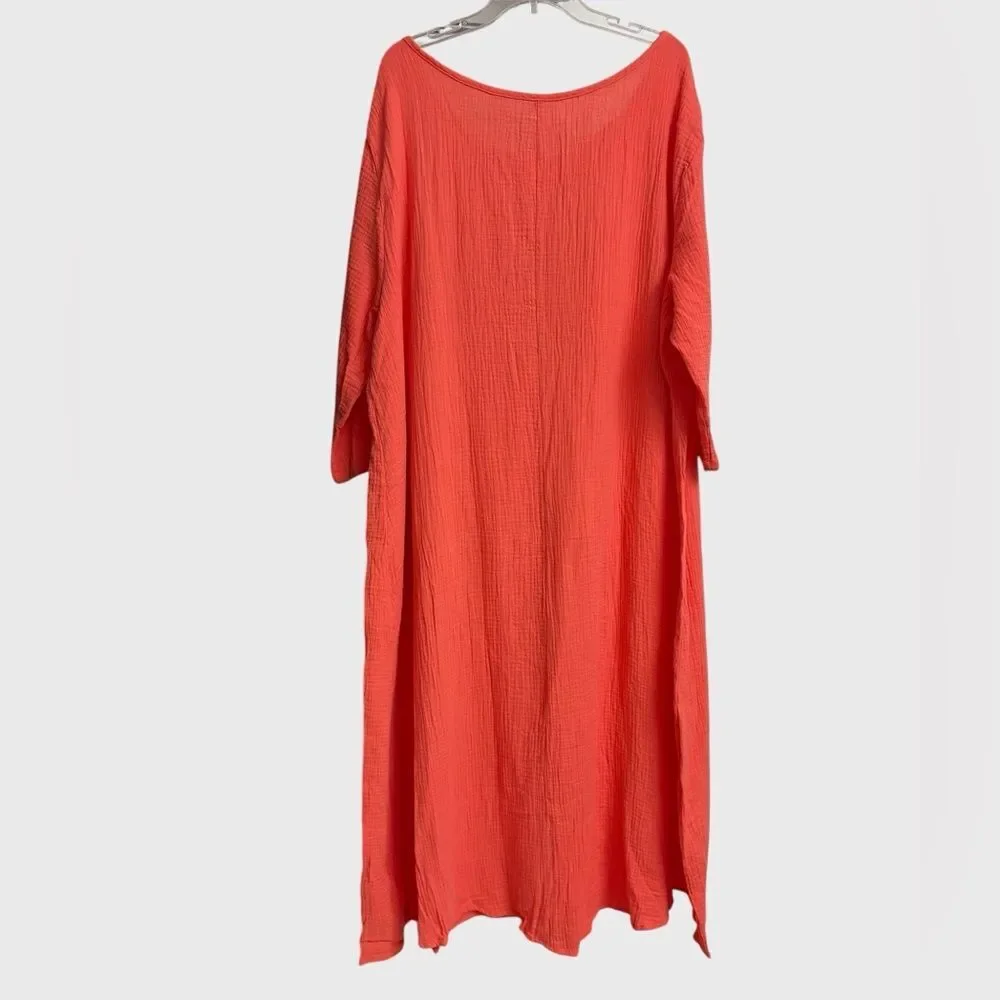 Women's Floral Embroidered Orange Gauze Midi Dress 5XL Crinkle Textured Summer